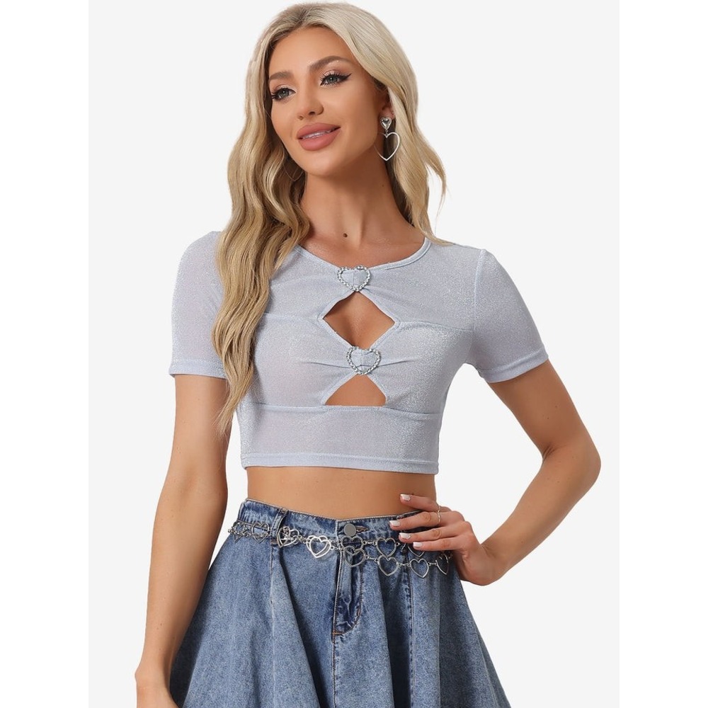 Allegra K Silver Crop Top Heart Cutout Short Sleeve Party Top Size S NWT
